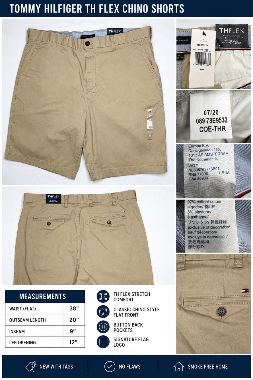Tommy Hilfiger TH Flex Khaki Chino Shorts Mens 38 NWT Stretch 9” Inseam